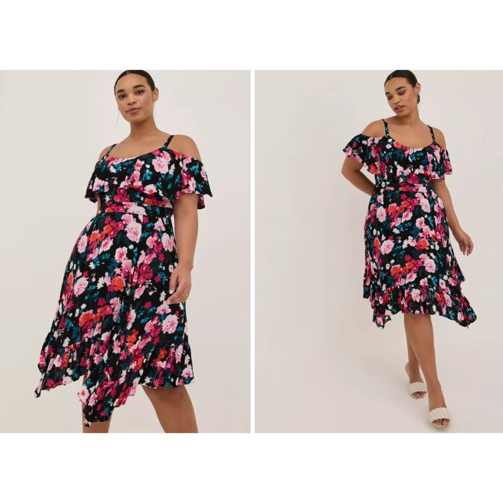Torrid‎ Size 3 Hanky Hem Ruffle Skater Midi Dress - Gauze Floral Black Plus Size